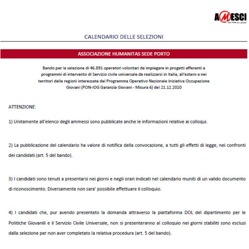 Calendari per il colloquio Servizio Civile Humanitas 2021