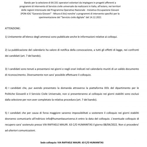 Calendario Bando di Servizio Civile Universale 2021
